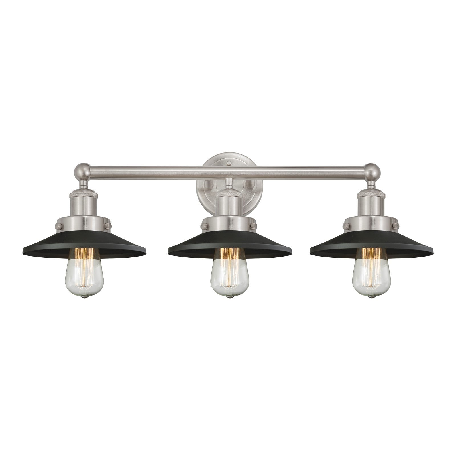 Innovations Railroad 26in 3-Light Bath Vanity | Traditional Industrial Brushed Satin Nickel and Matte Black Metal Shade | Bathroom | Model 616-3W-SN-M6-BK