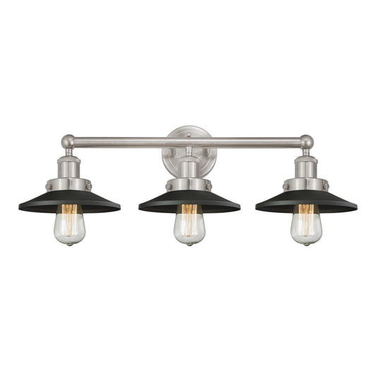 Innovations Railroad 26in 3-Light Bath Vanity | Traditional Industrial Brushed Satin Nickel and Matte Black Metal Shade | Bathroom | Model 616-3W-SN-M6-BK