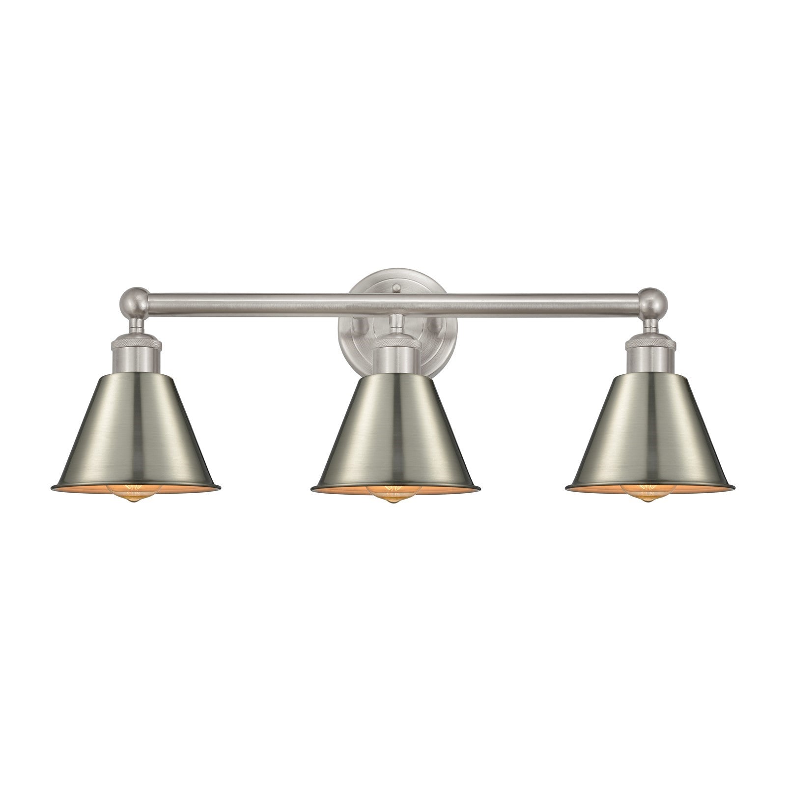 Innovations Smithfield 25in 3-Light Bath Vanity Light | Industrial Farmhouse Brushed Satin Nickel Steel and Metal Cone Shade | Model 616-3W-SN-M8-SN