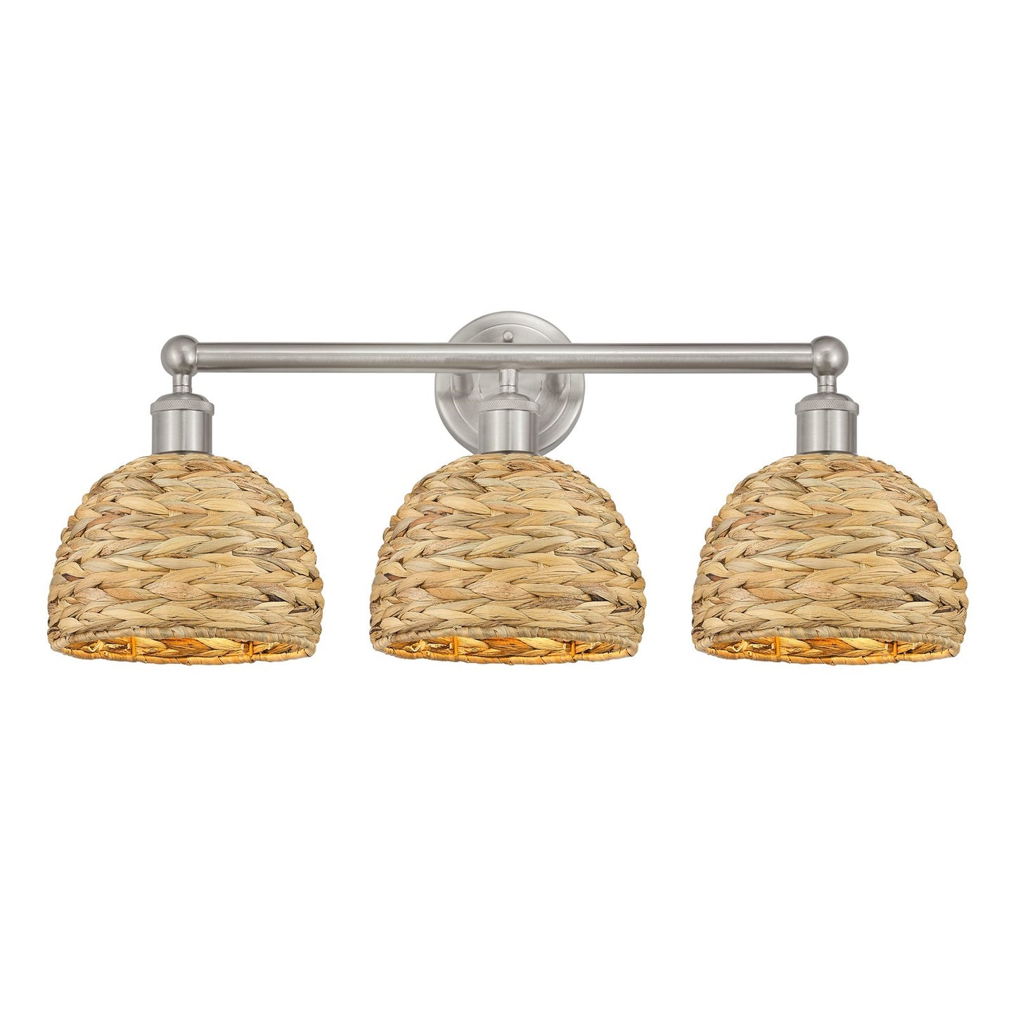 Innovations Woven Rattan 26in 3-Light Bath Vanity Light | Industrial Brushed Satin Nickel and Natural Fiber Dome Shade | Model 616-3W-SN-RBD-8-NAT