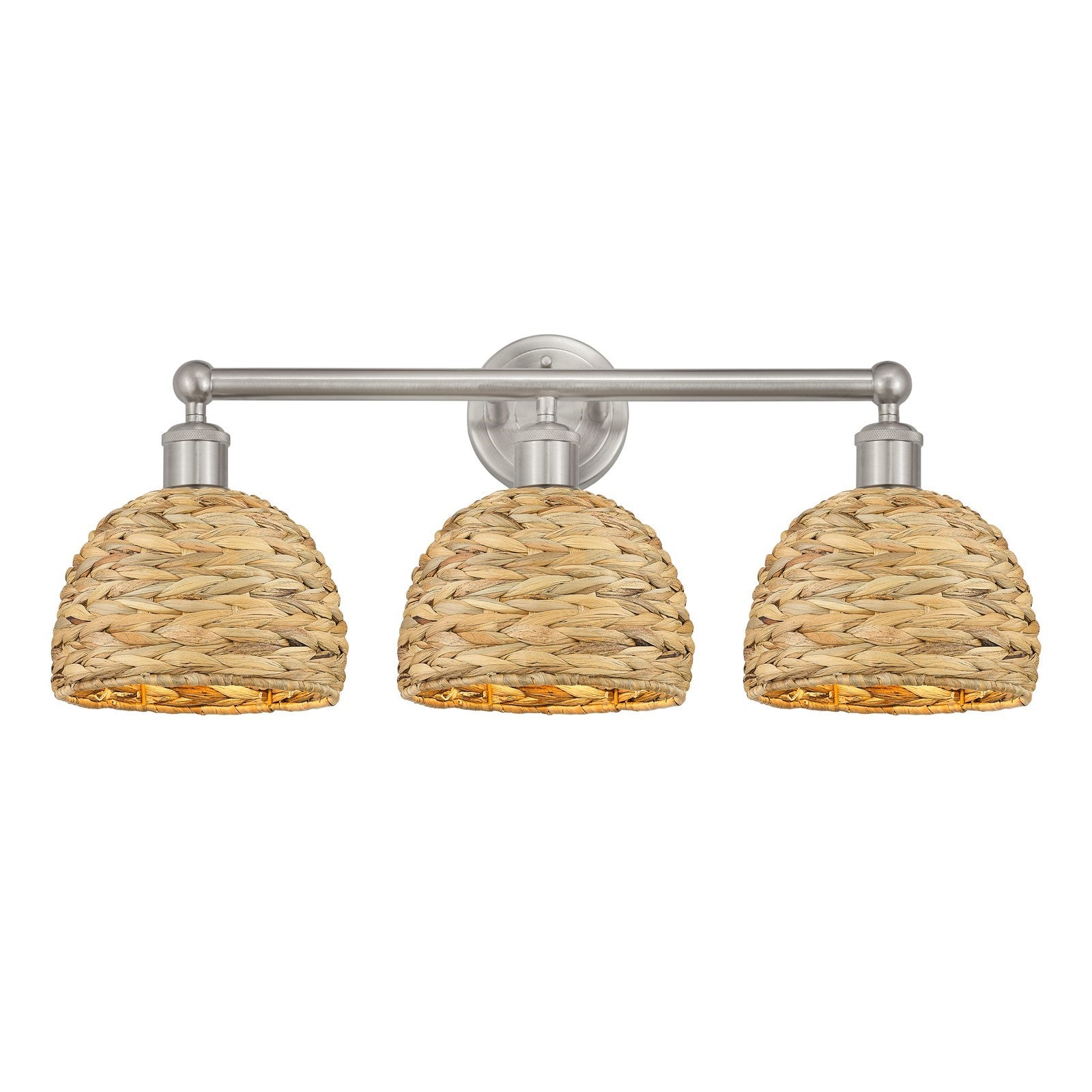 Innovations Woven Rattan 26in 3-Light Bath Vanity Light | Industrial Brushed Satin Nickel and Natural Fiber Dome Shade | Model 616-3W-SN-RBD-8-NAT