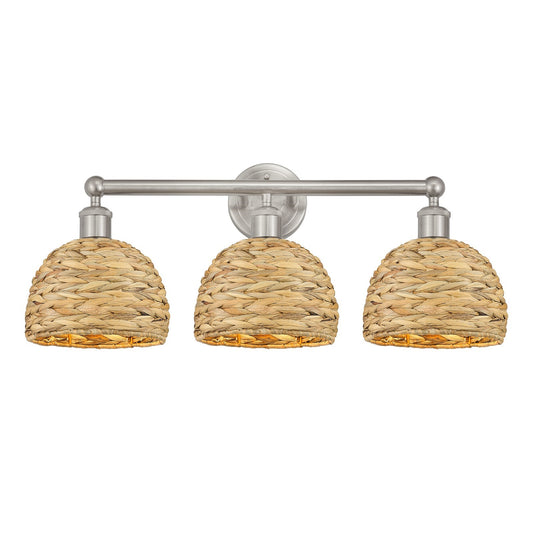 Innovations Woven Rattan 26in 3-Light Bath Vanity Light | Industrial Brushed Satin Nickel and Natural Fiber Dome Shade | Model 616-3W-SN-RBD-8-NAT