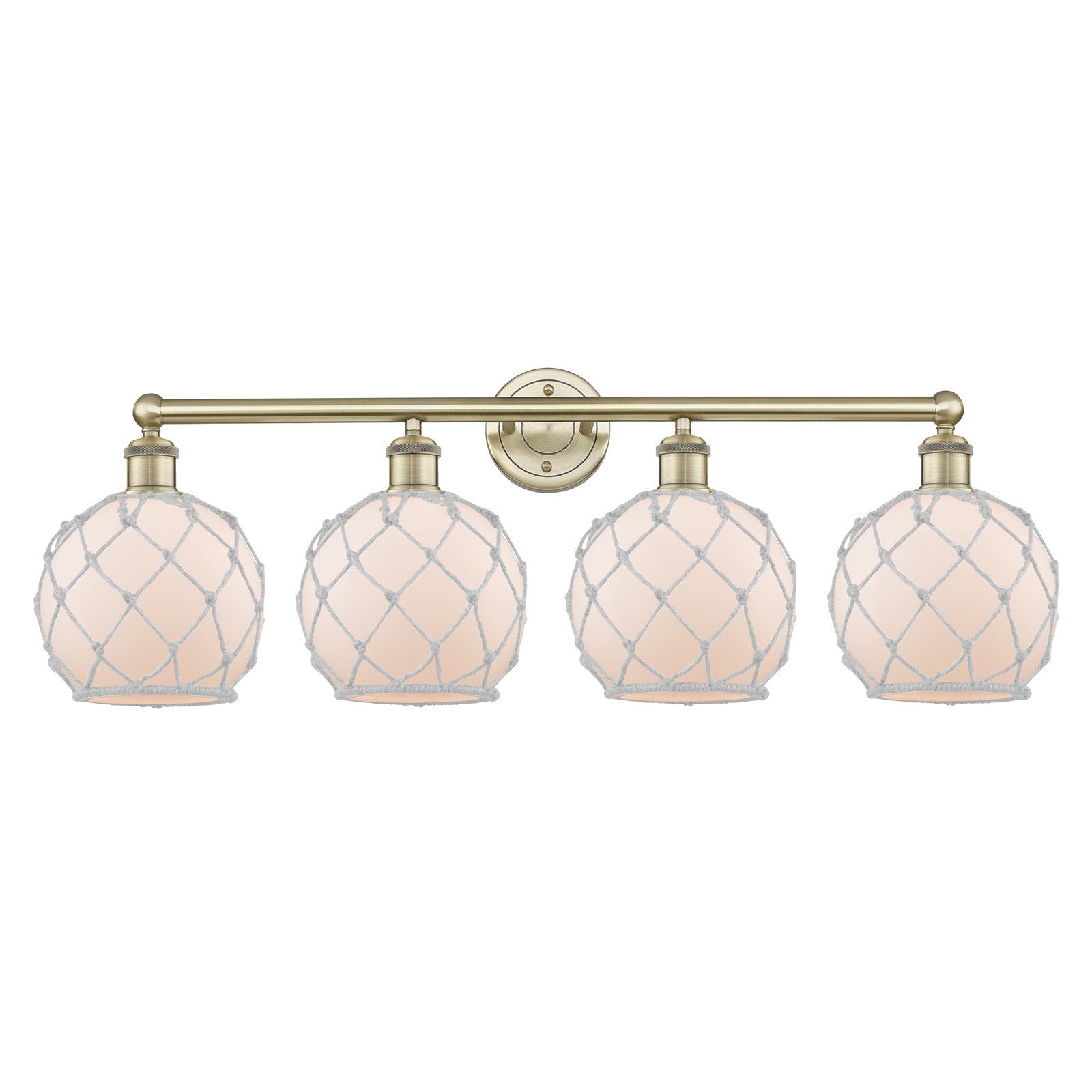 Innovations Farmhouse Rope 35in 4-Light Bath Vanity | Industrial Antique Brass Steel and White Frosted Glass with Rope | Model 616-4W-AB-G121-8RW