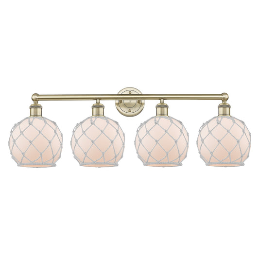 Innovations Farmhouse Rope 35in 4-Light Bath Vanity | Industrial Antique Brass Steel and White Frosted Glass with Rope | Model 616-4W-AB-G121-8RW