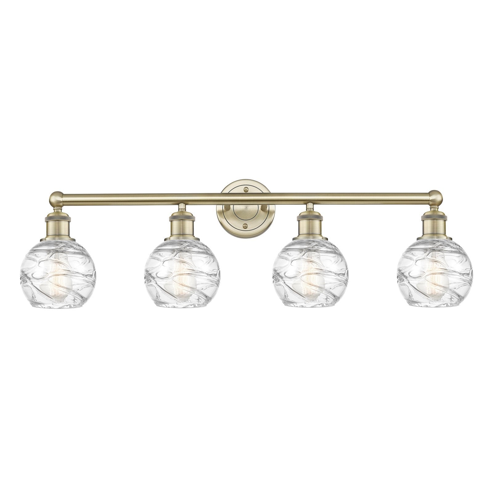 Innovations Athens Deco Swirl 33in 4-Light Bath Vanity Light | Industrial Antique Brass Steel and Clear Deco Swirl Glass | Model 616-4W-AB-G1213-6CL