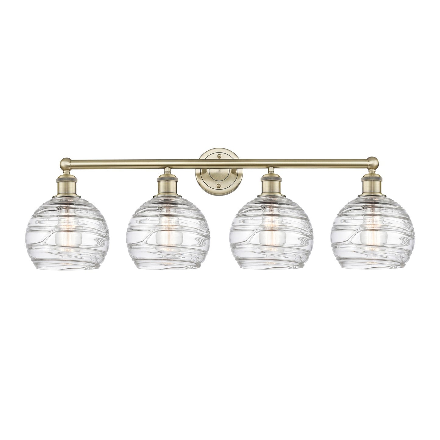 Innovations Athens Deco Swirl 35in 4-Light Bath Vanity | Industrial Antique Brass Steel and Clear Deco Swirl Glass | Bathroom | Model 616-4W-AB-G1213-8CL