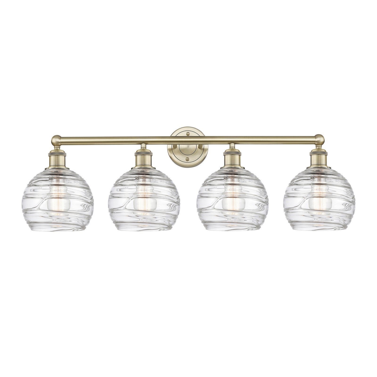 Innovations Athens Deco Swirl 35in 4-Light Bath Vanity | Industrial Antique Brass Steel and Clear Deco Swirl Glass | Bathroom | Model 616-4W-AB-G1213-8CL