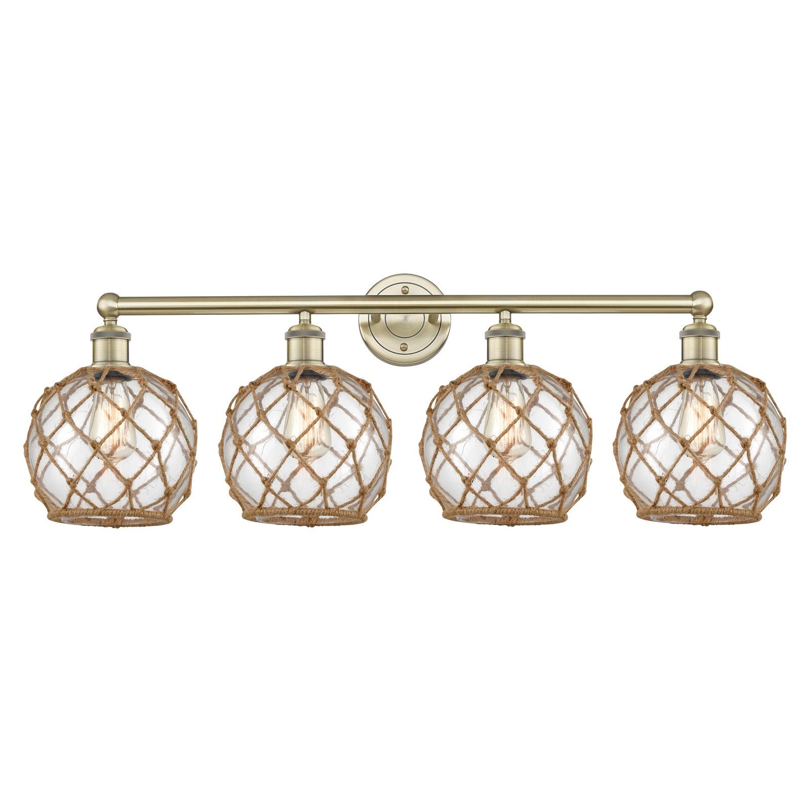 Innovations Farmhouse Rope 35in 4-Light Bath Vanity Light | Industrial Antique Brass and Clear Glass with Brown Rope | Bathroom | Model 616-4W-AB-G122-8RB