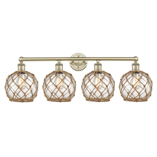 Innovations Farmhouse Rope 35in 4-Light Bath Vanity Light | Industrial Antique Brass and Clear Glass with Brown Rope | Bathroom | Model 616-4W-AB-G122-8RB