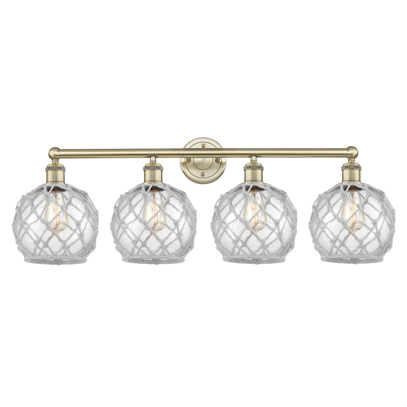 Innovations Farmhouse Rope 35in 4-Light Bath Vanity Light | Industrial Antique Brass and Clear Glass with White Rope | Bathroom | Model 616-4W-AB-G122-8RW