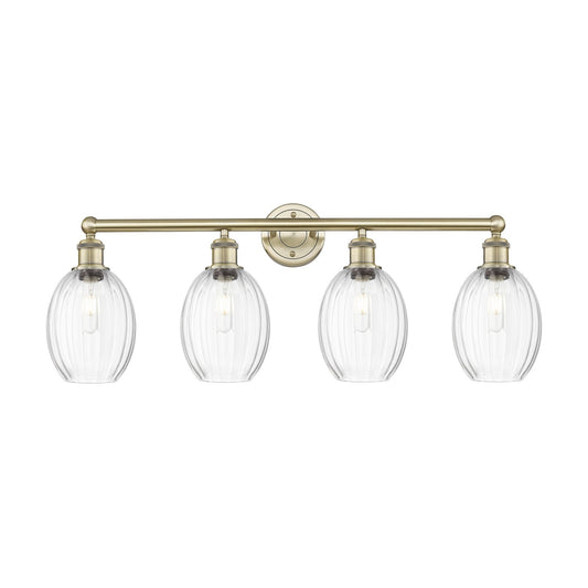 Innovations Preston Bulb 33in 4-Light Bath Vanity Light | Industrial Antique Brass Steel and Clear Glass | Bathroom Vanity | Model 616-4W-AB-G459-6CL