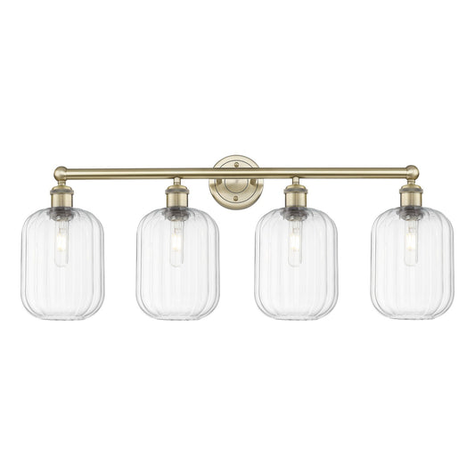 Innovations Preston Cylinder 34in 4-Light Bath Vanity Light | Industrial Antique Brass and Clear Glass | Bathroom Vanity | Model 616-4W-AB-G460-7CL