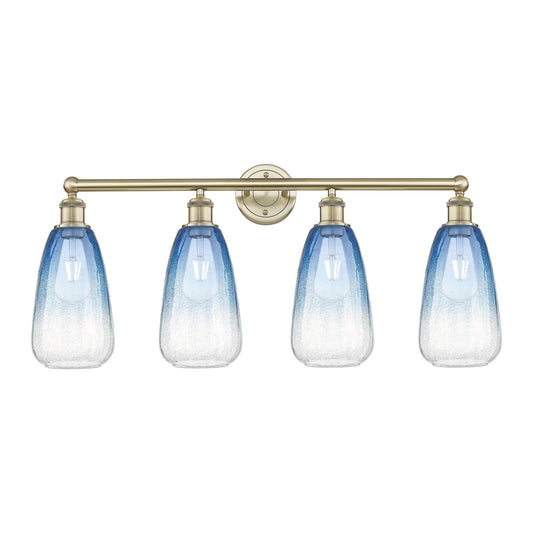 Innovations Brookhaven Almond 33in 4-Light Bath Vanity Light | Industrial Antique Brass Steel and Sapphire Blue Glass | Model 616-4W-AB-G480-6SB