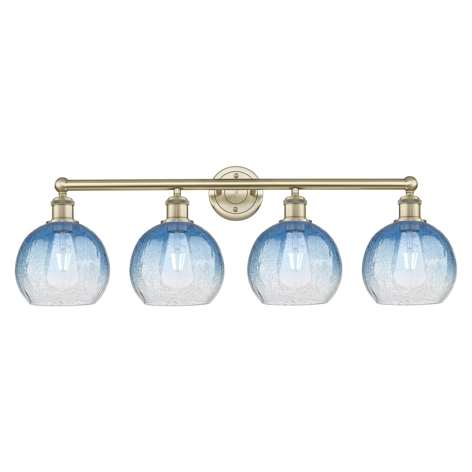 Innovations Brookhaven Globe 35in 4-Light Bath Vanity Light | Industrial Antique Brass and Sapphire Blue Glass | Bathroom | Model 616-4W-AB-G483-8SB