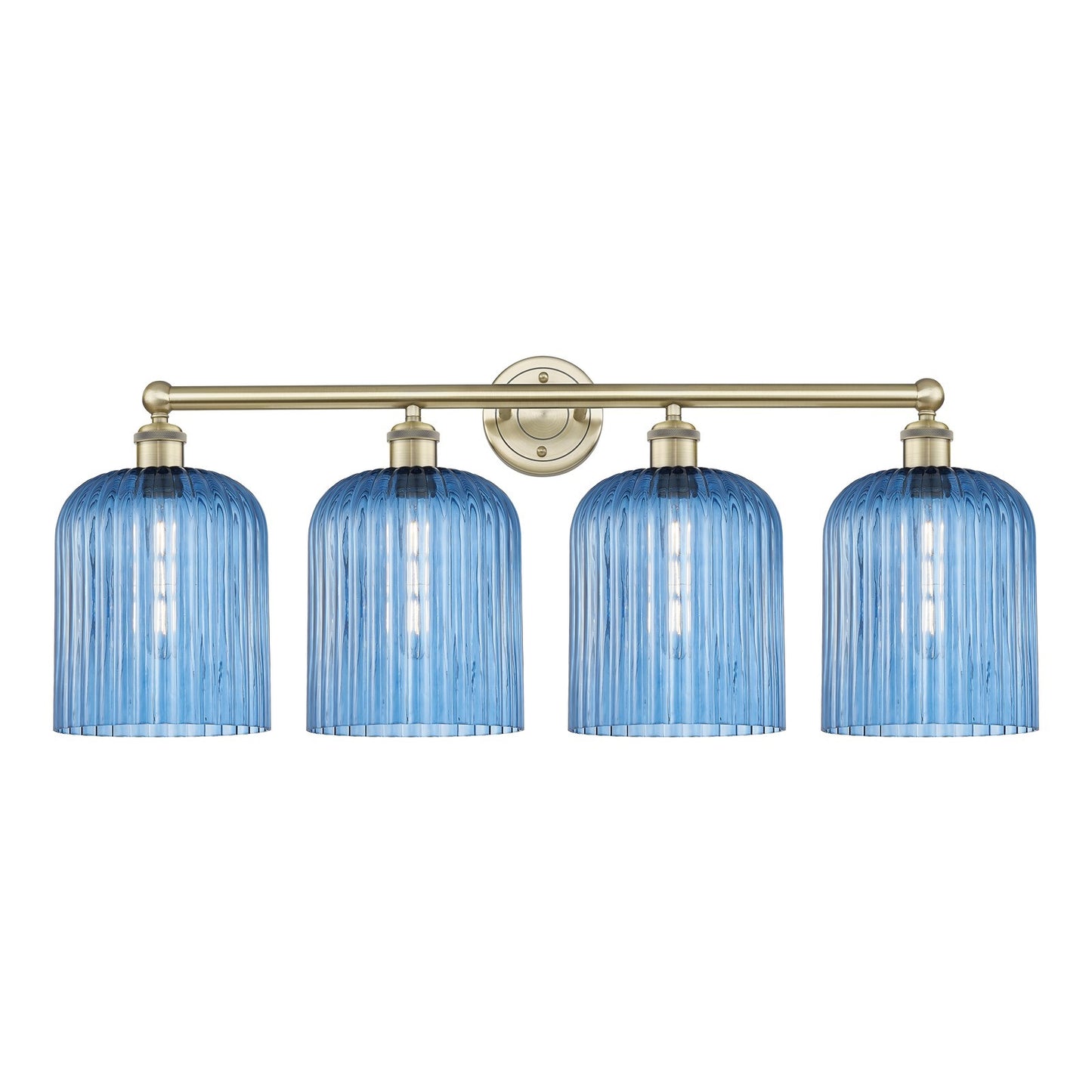 Innovations Bridal Veil 32in 4-Light Bath Vanity | Art Nouveau Antique Brass Steel and Princess Blue Ribbed Glass | Bathroom | Model 616-4W-AB-G559-8BL