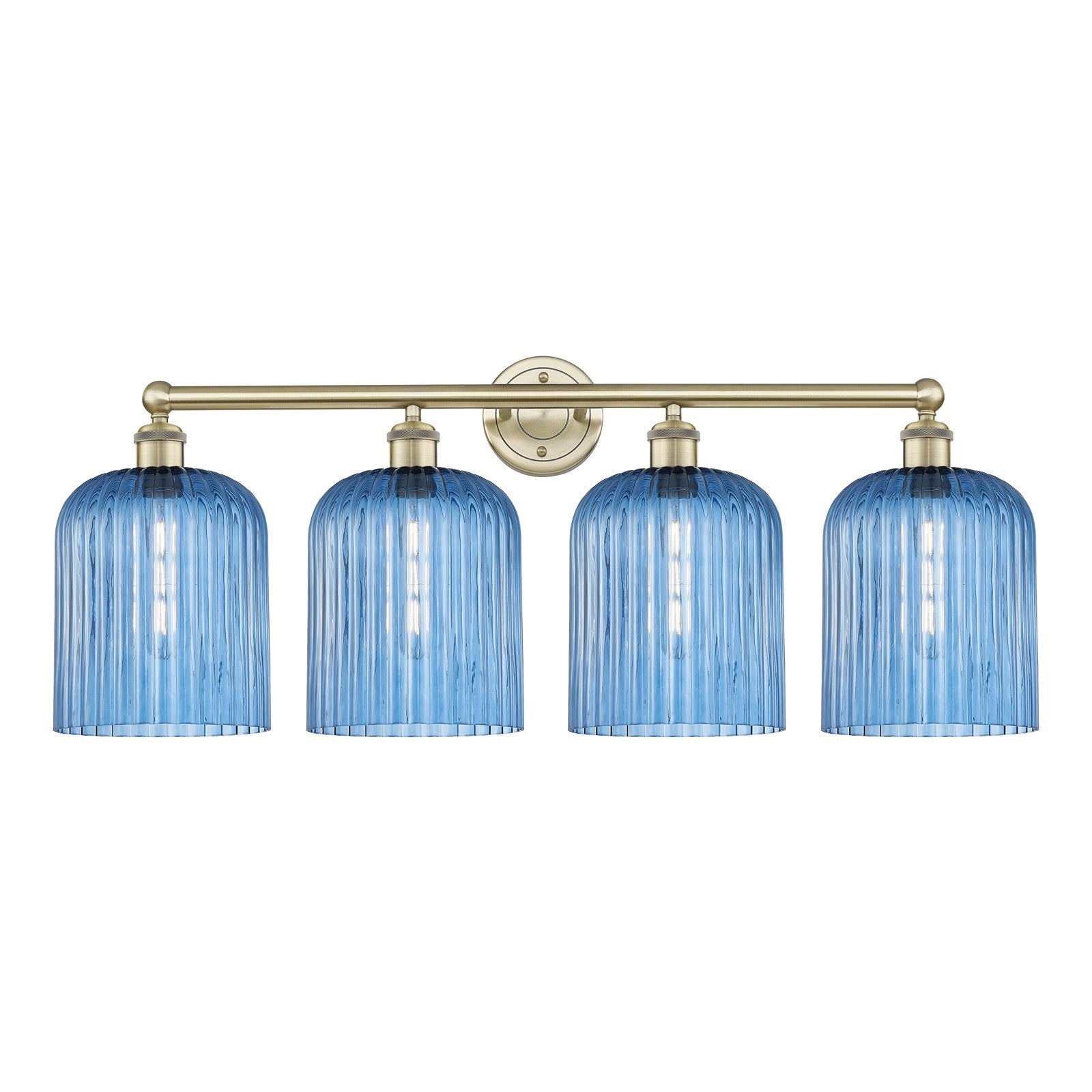 Innovations Bridal Veil 32in 4-Light Bath Vanity | Art Nouveau Antique Brass Steel and Princess Blue Ribbed Glass | Bathroom | Model 616-4W-AB-G559-8BL