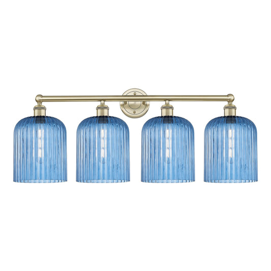 Innovations Bridal Veil 32in 4-Light Bath Vanity | Art Nouveau Antique Brass Steel and Princess Blue Ribbed Glass | Bathroom | Model 616-4W-AB-G559-8BL