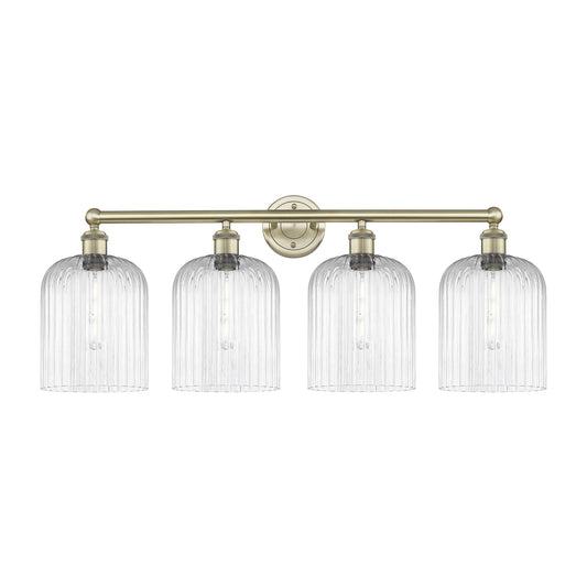 Innovations Bridal Veil 32in 4-Light Bath Vanity | Industrial Art Nouveau Antique Brass and Clear Ribbed Glass | Bathroom | Model 616-4W-AB-G559-8CL