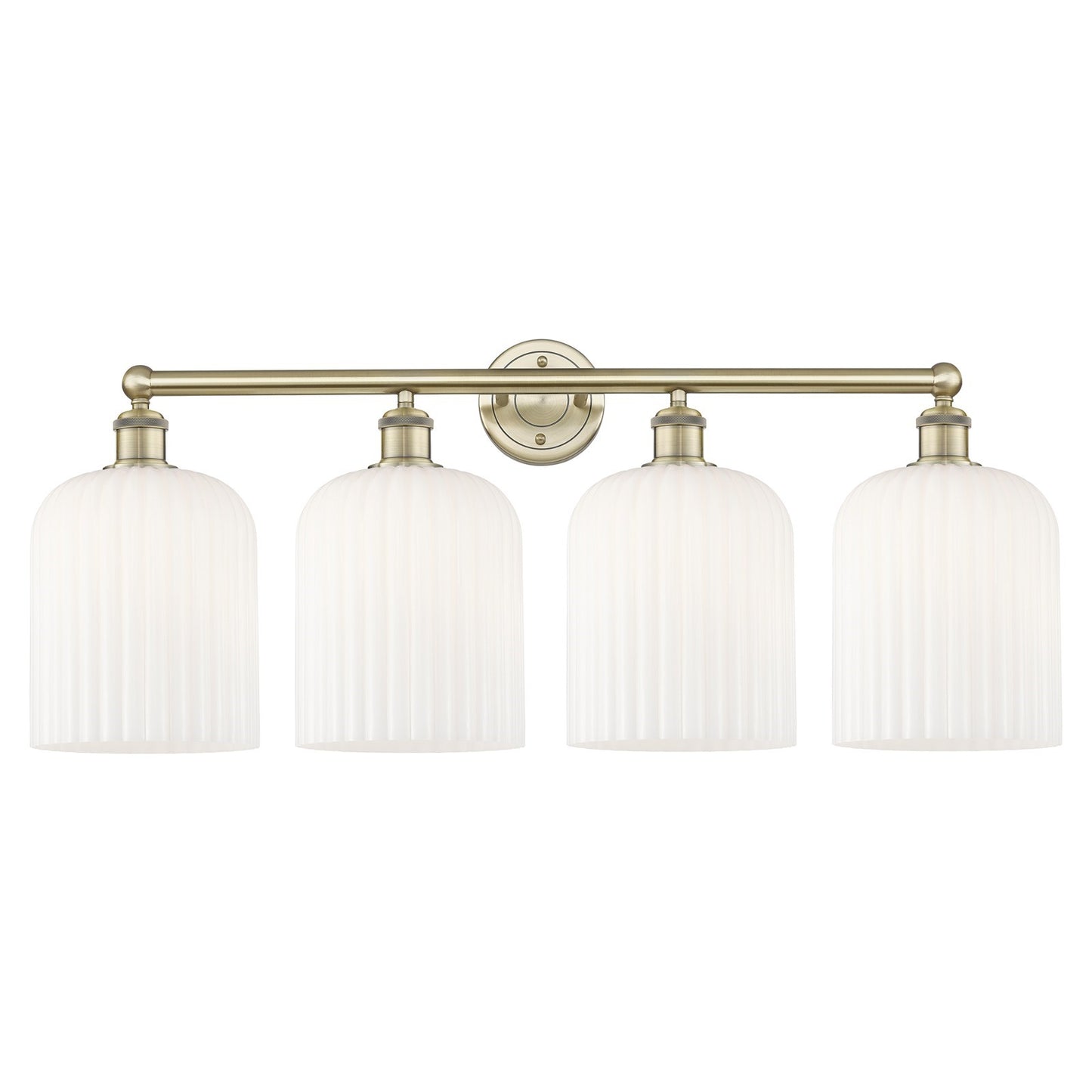 Innovations Bridal Veil 32in 4-Light Bath Vanity Light | Industrial Art Nouveau Antique Brass and Gloss White Ribbed Glass | Model 616-4W-AB-G559-8GWH