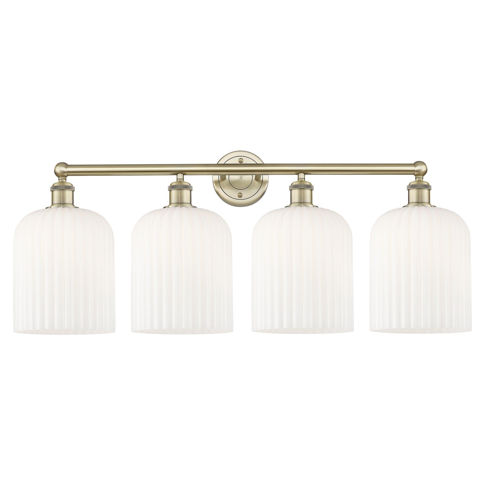 Innovations Bridal Veil 32in 4-Light Bath Vanity Light | Industrial Art Nouveau Antique Brass and Gloss White Ribbed Glass | Model 616-4W-AB-G559-8GWH