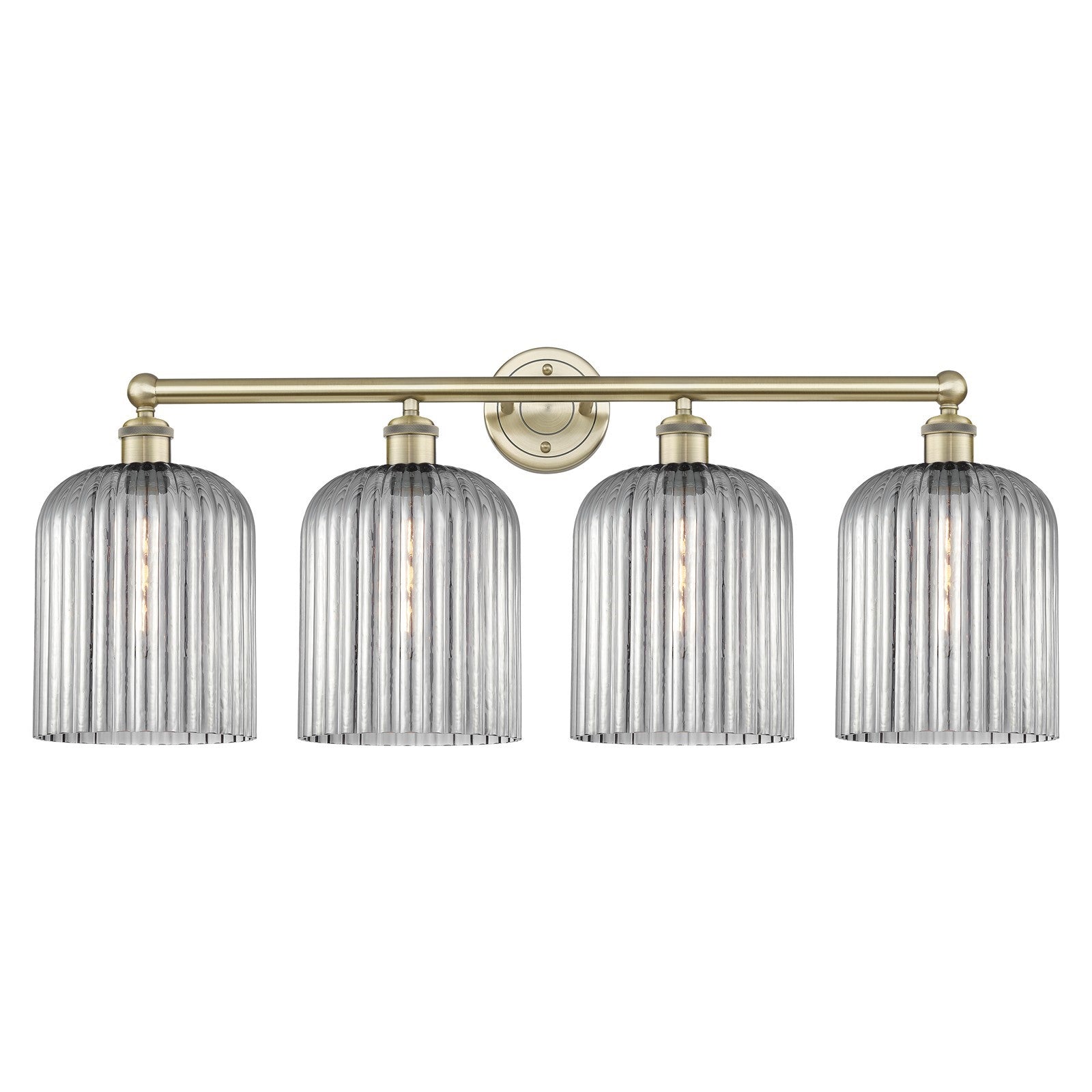 Innovations Bridal Veil 32in 4-Light Bath Vanity | Art Nouveau Industrial Antique Brass and Light Smoke Ribbed Glass | Bathroom | Model 616-4W-AB-G559-8SM