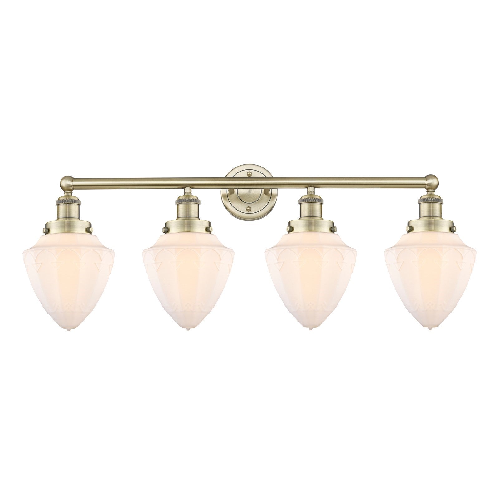 Innovations Bullet 34in 4-Light Bath Vanity Light | Industrial Antique Brass and Matte White Frosted Glass | Bathroom Vanity | 34 | Model 616-4W-AB-G661-7