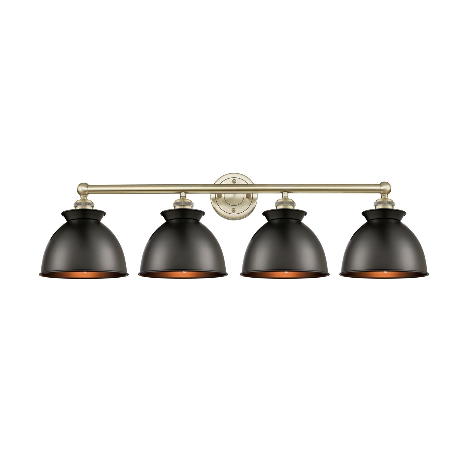 Innovations Adirondack 35in 4-Light Bath Vanity | Industrial Farmhouse Antique Brass and Matte Black Metal Shade | Bathroom | Model 616-4W-AB-M14-BK