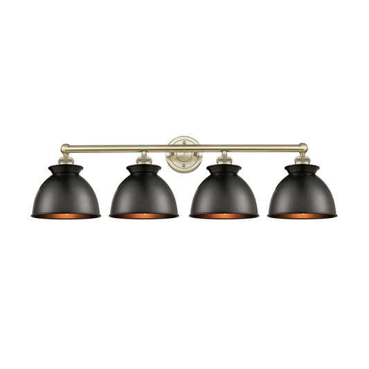 Innovations Adirondack 35in 4-Light Bath Vanity | Industrial Farmhouse Antique Brass and Matte Black Metal Shade | Bathroom | Model 616-4W-AB-M14-BK