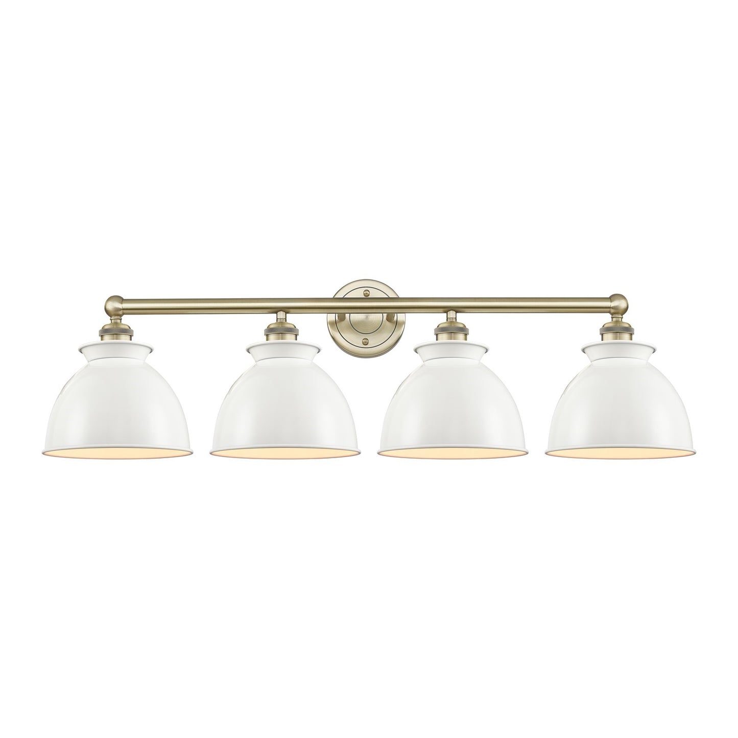 Innovations Adirondack 35in 4-Light Bath Vanity | Industrial Farmhouse Antique Brass and Glossy White Metal Shade | Bathroom | Model 616-4W-AB-M14-W