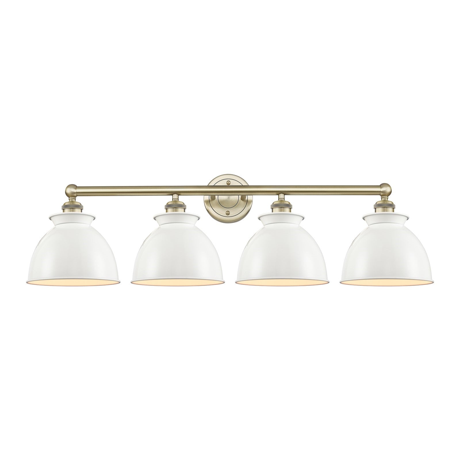 Innovations Adirondack 35in 4-Light Bath Vanity | Industrial Farmhouse Antique Brass and Glossy White Metal Shade | Bathroom | Model 616-4W-AB-M14-W