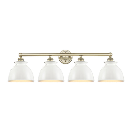 Innovations Adirondack 35in 4-Light Bath Vanity | Industrial Farmhouse Antique Brass and Glossy White Metal Shade | Bathroom | Model 616-4W-AB-M14-W