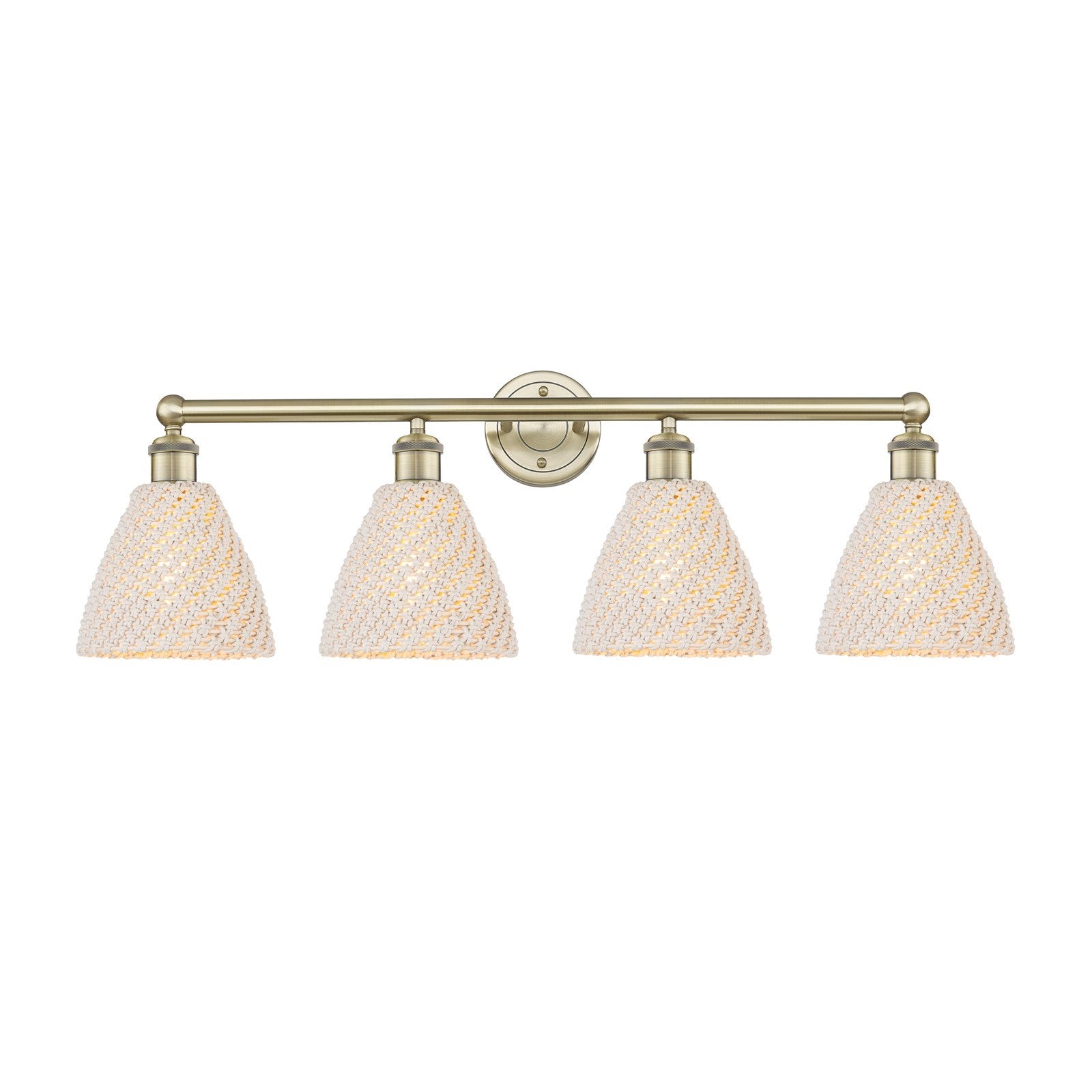 Innovations Bristol Natural 34.5in 4-Light Bath Vanity Light | Industrial Antique Brass Steel and Natural Fiber Shade | Damp | Model 616-4W-AB-NBD-75-NAT