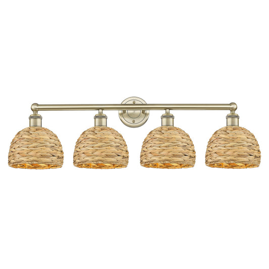 Innovations Woven Rattan 35in 4-Light Bath Vanity Light | Industrial Antique Brass and Natural Fiber Dome Shade | Bathroom | Model 616-4W-AB-RBD-8-NAT