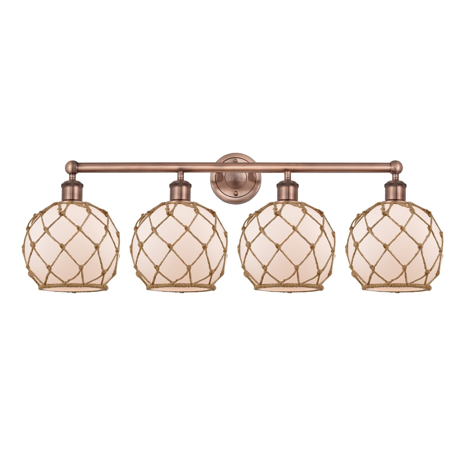 Innovations Farmhouse Rope 35in 4-Light Bath Vanity Light | Industrial Antique Copper Steel and White Frosted Glass with Brown | Model 616-4W-AC-G121-8RB