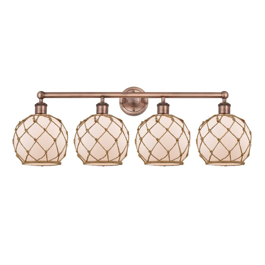 Innovations Farmhouse Rope 35in 4-Light Bath Vanity Light | Industrial Antique Copper Steel and White Frosted Glass with Brown | Model 616-4W-AC-G121-8RB