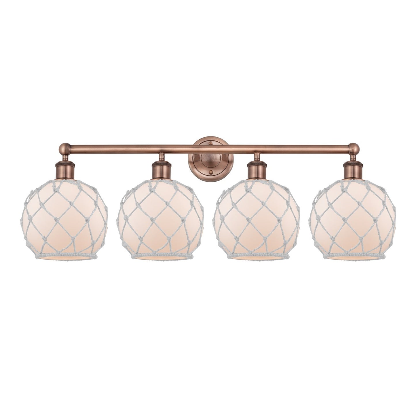 Innovations Farmhouse Rope 35in 4-Light Bath Vanity | Industrial Antique Copper Steel and White Frosted Glass with Rope | Model 616-4W-AC-G121-8RW