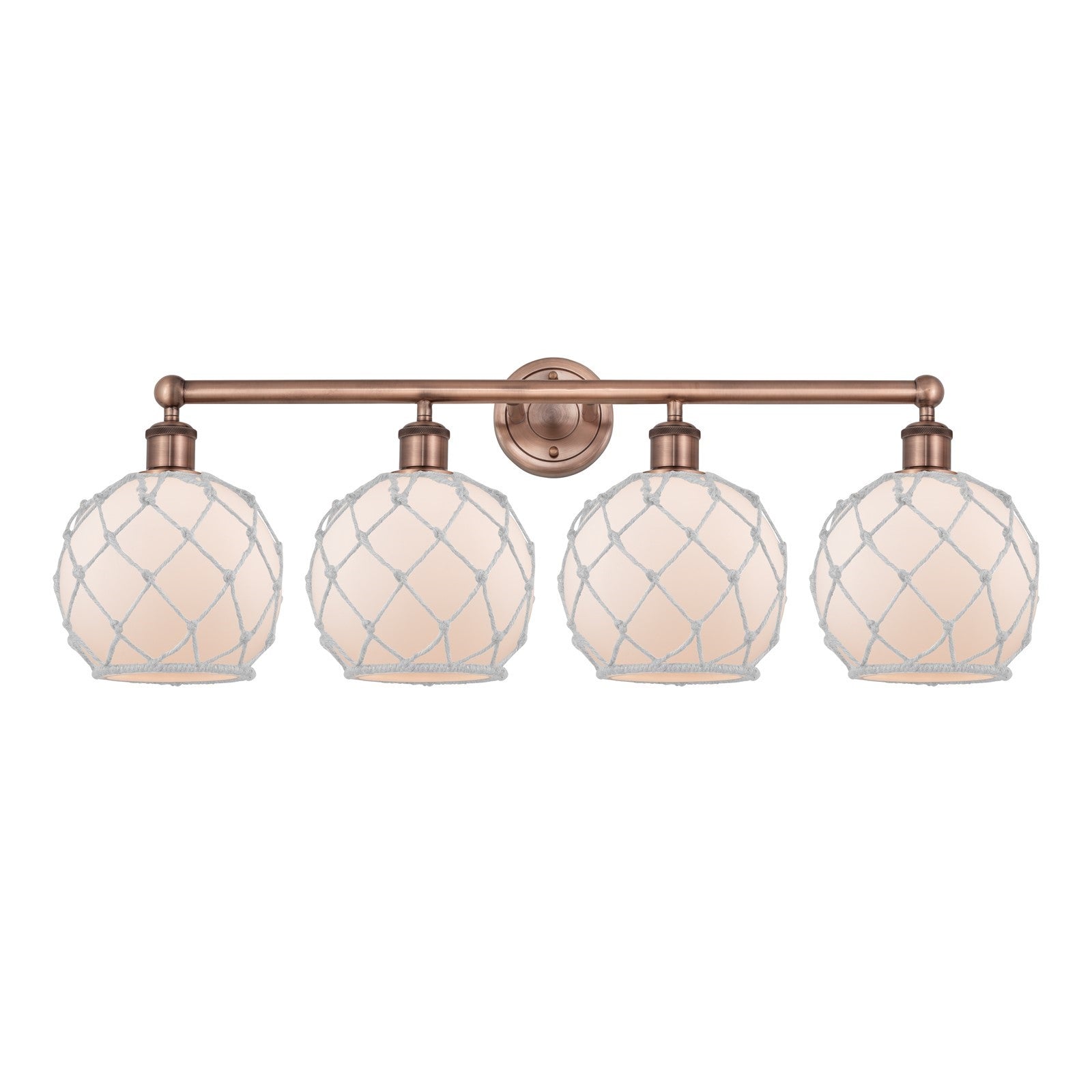 Innovations Farmhouse Rope 35in 4-Light Bath Vanity | Industrial Antique Copper Steel and White Frosted Glass with Rope | Model 616-4W-AC-G121-8RW