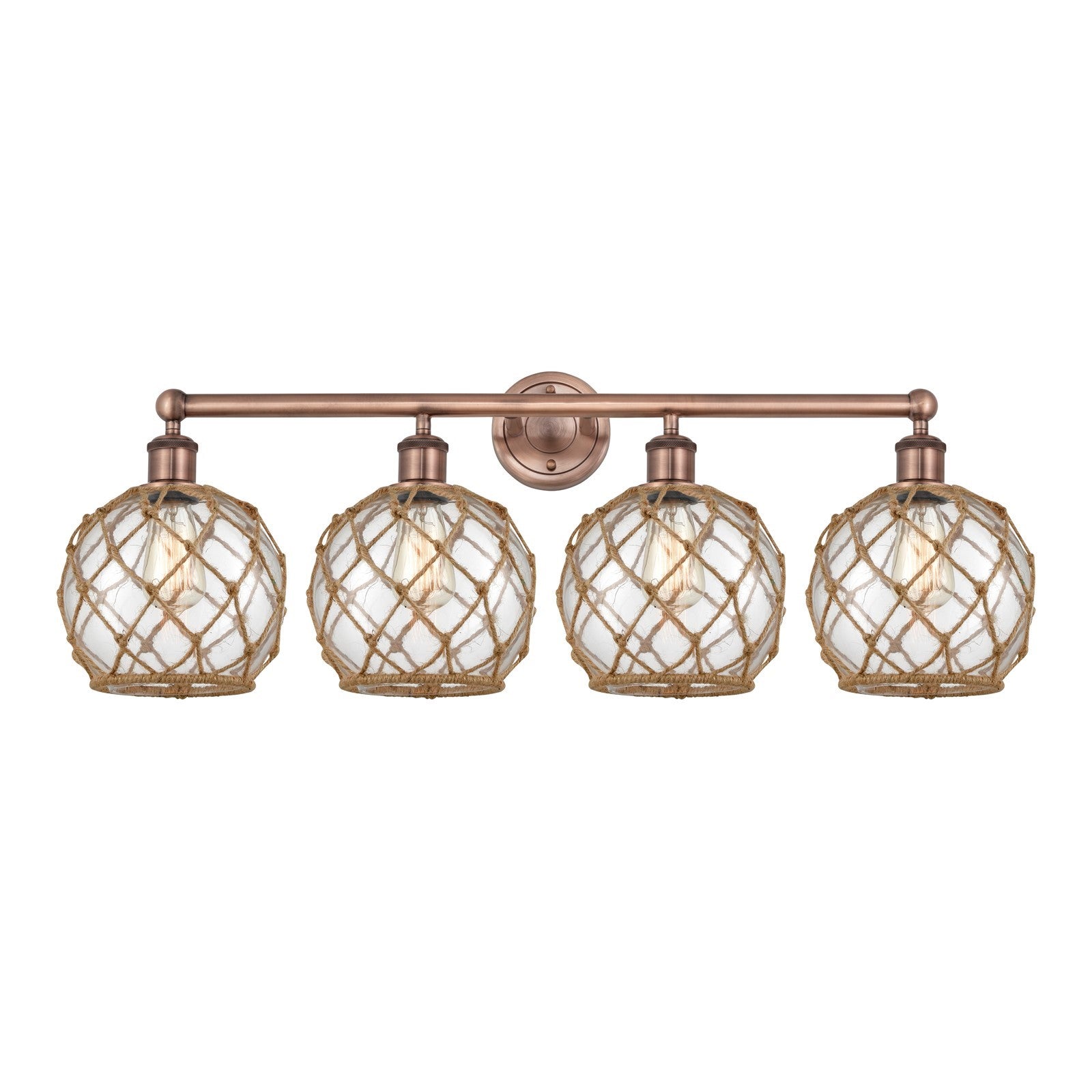 Innovations Farmhouse Rope 35in 4-Light Bath Vanity Light | Industrial Antique Copper Steel and Clear Glass with Brown Rope | Model 616-4W-AC-G122-8RB
