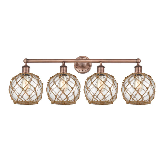 Innovations Farmhouse Rope 35in 4-Light Bath Vanity Light | Industrial Antique Copper Steel and Clear Glass with Brown Rope | Model 616-4W-AC-G122-8RB