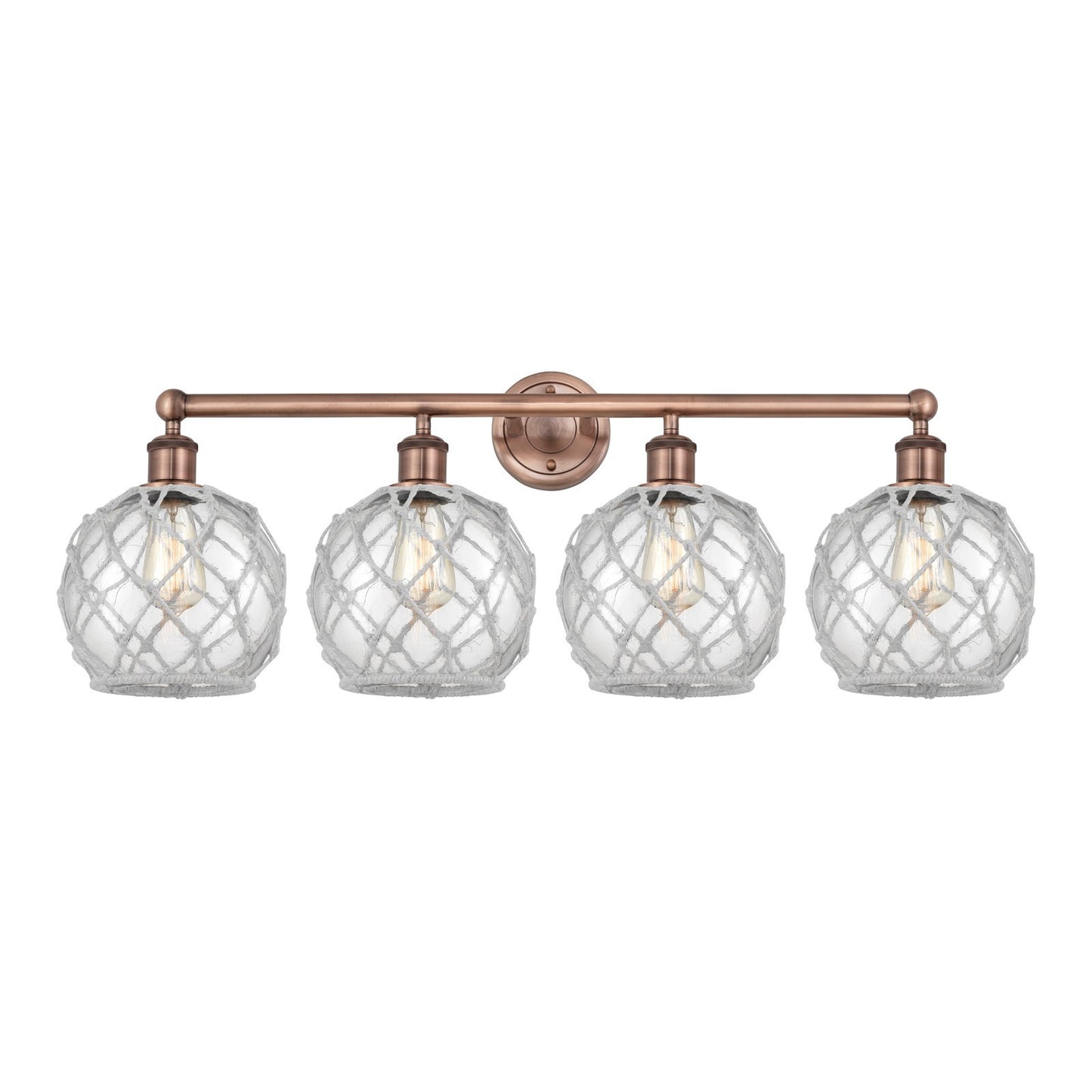 Innovations Farmhouse Rope 35in 4-Light Bath Vanity | Industrial Antique Copper Steel and Clear Glass with White Rope | Model 616-4W-AC-G122-8RW