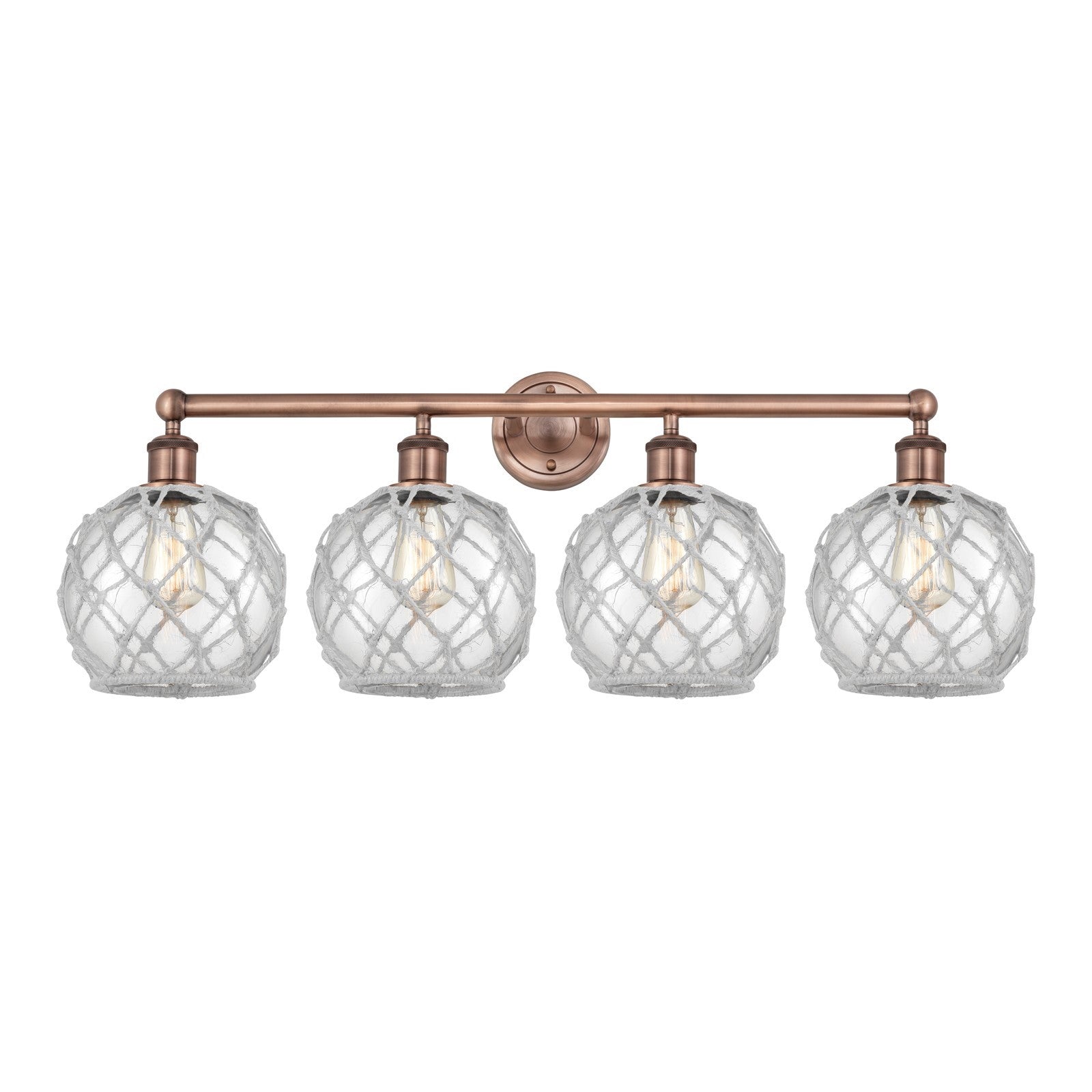 Innovations Farmhouse Rope 35in 4-Light Bath Vanity | Industrial Antique Copper Steel and Clear Glass with White Rope | Model 616-4W-AC-G122-8RW