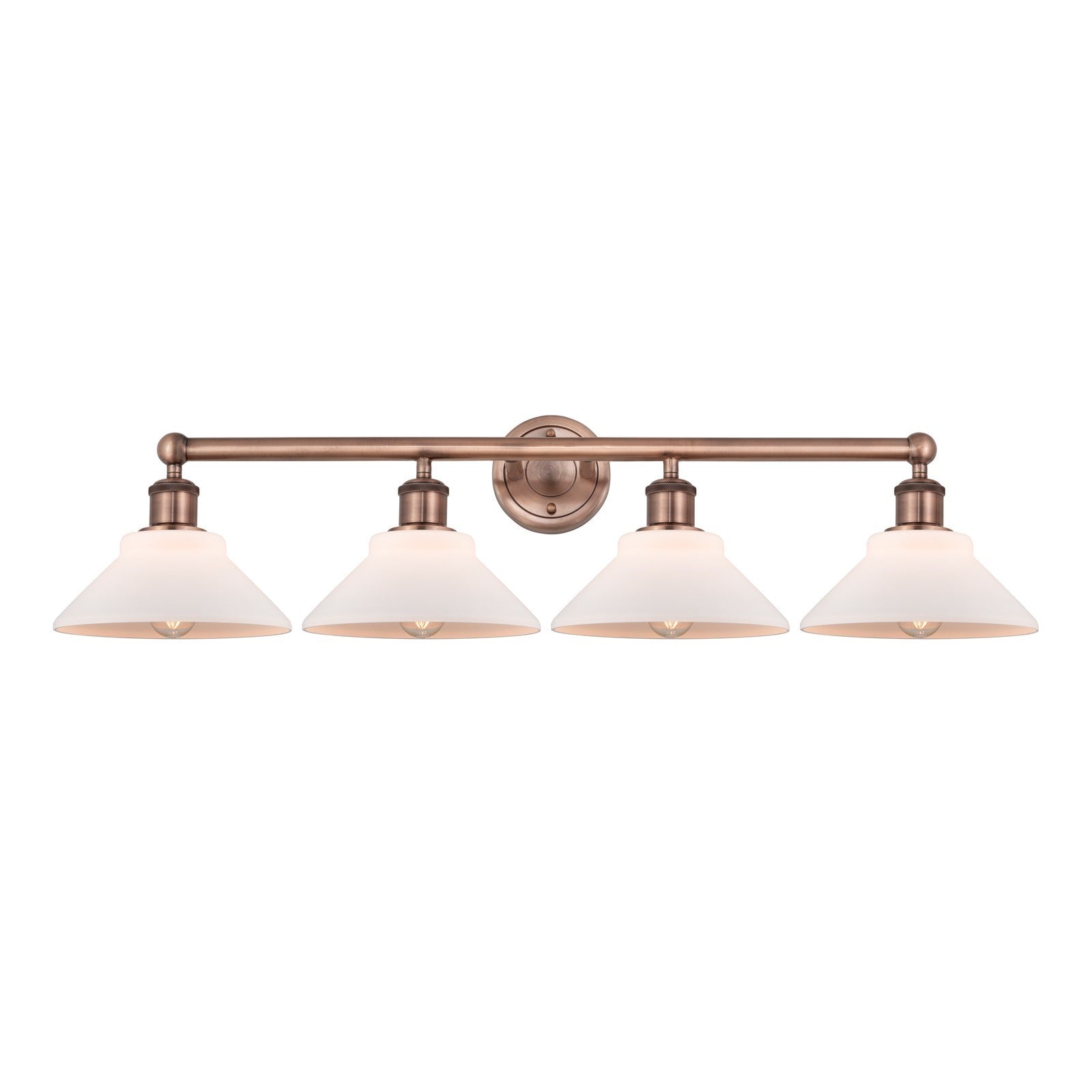 Innovations Orwell 35in 4-Light Bath Vanity Light | Industrial Antique Copper and Matte White Glass | Damp Rated Bathroom Vanity | Model 616-4W-AC-G131