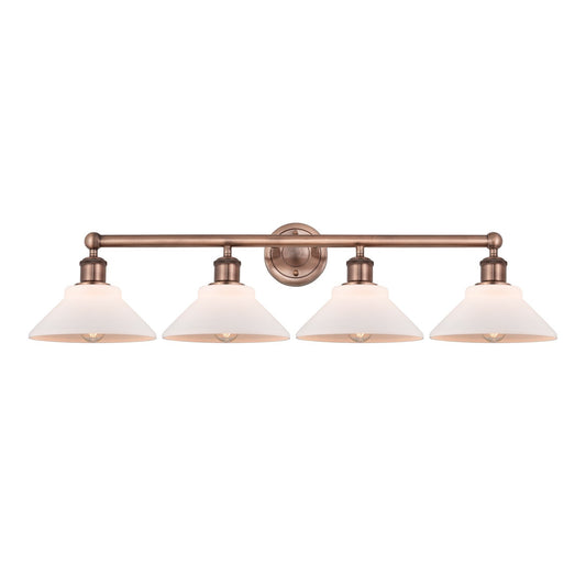 Innovations Orwell 35in 4-Light Bath Vanity Light | Industrial Antique Copper and Matte White Glass | Damp Rated Bathroom Vanity | Model 616-4W-AC-G131