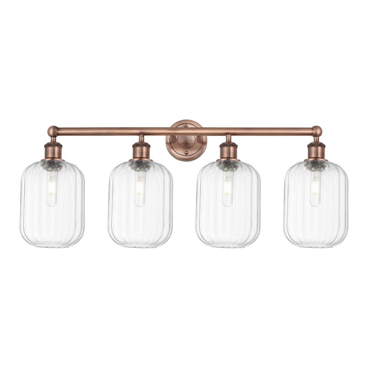 Innovations Preston Cylinder 34in 4-Light Bath Vanity Light | Industrial Antique Copper and Clear Glass | Bathroom Vanity | Model 616-4W-AC-G460-7CL
