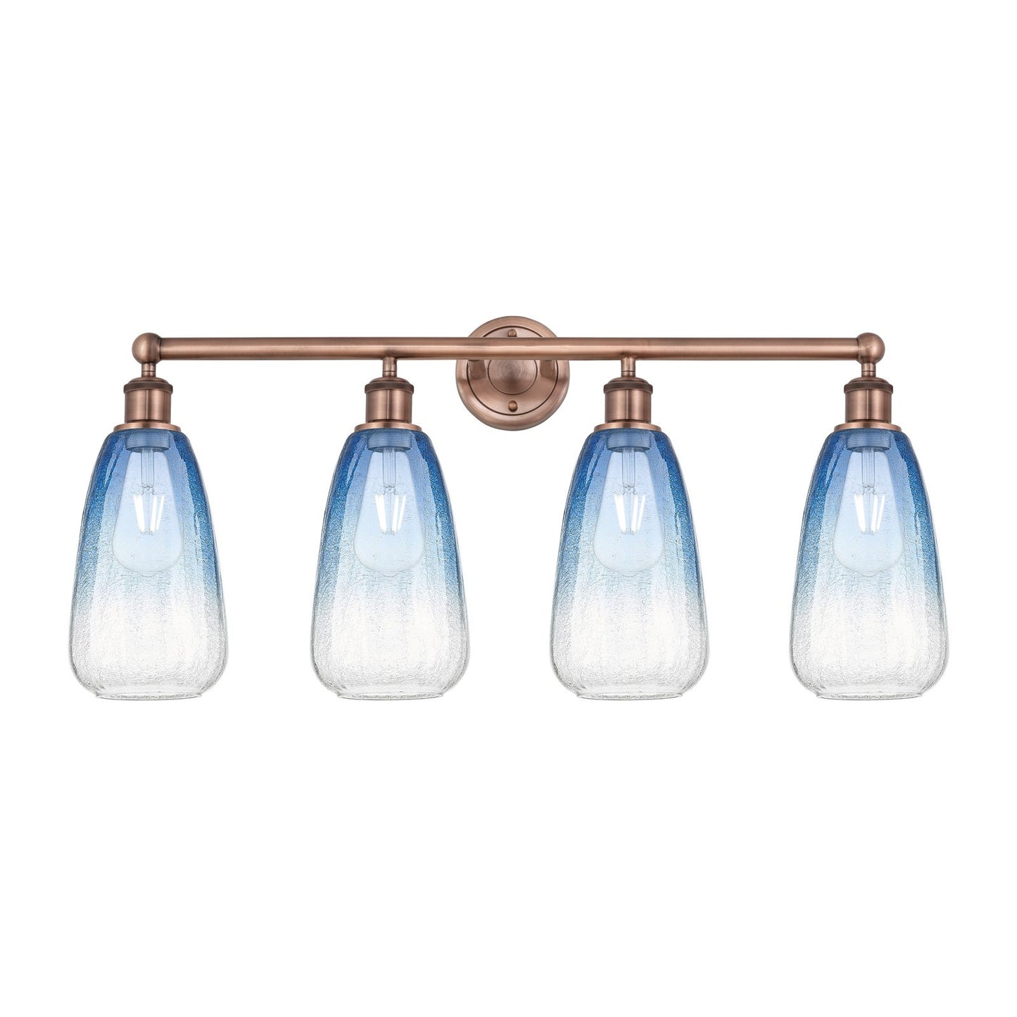 Innovations Brookhaven Almond 33in 4-Light Bath Vanity Light | Industrial Antique Copper and Sapphire Blue Glass | Bathroom | Model 616-4W-AC-G480-6SB