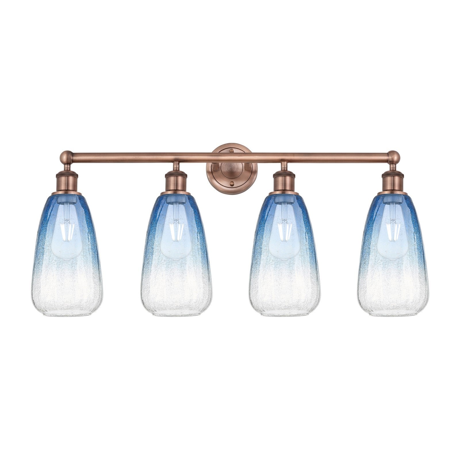 Innovations Brookhaven Almond 33in 4-Light Bath Vanity Light | Industrial Antique Copper and Sapphire Blue Glass | Bathroom | Model 616-4W-AC-G480-6SB