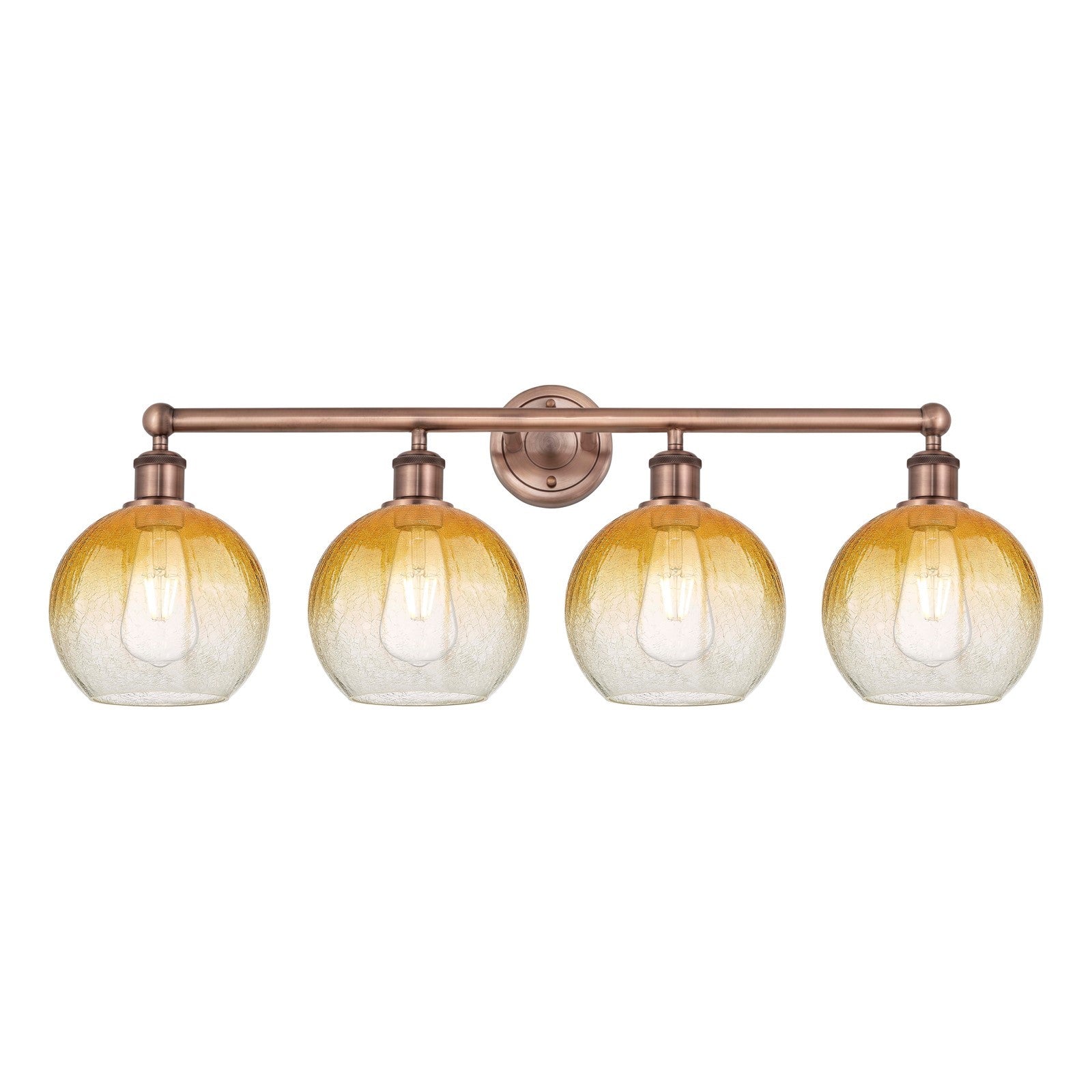Innovations Brookhaven Globe 35in 4-Light Bath Vanity Light | Industrial Antique Copper and Amber Glass | Damp Rated Bathroom | Model 616-4W-AC-G483-8AM