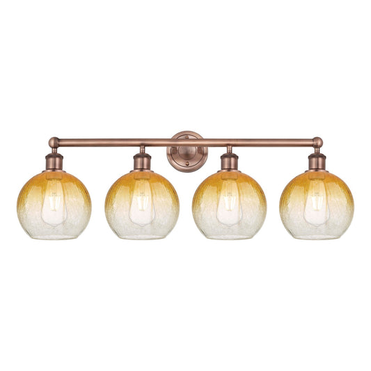 Innovations Brookhaven Globe 35in 4-Light Bath Vanity Light | Industrial Antique Copper and Amber Glass | Damp Rated Bathroom | Model 616-4W-AC-G483-8AM