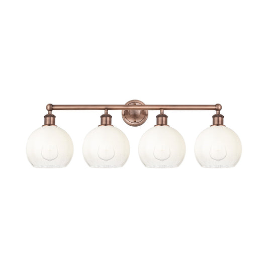 Innovations Brookhaven Globe 35in 4-Light Bath Vanity Light | Industrial Antique Copper Steel and Opal Glass | Damp Rated | Model 616-4W-AC-G483-8OP