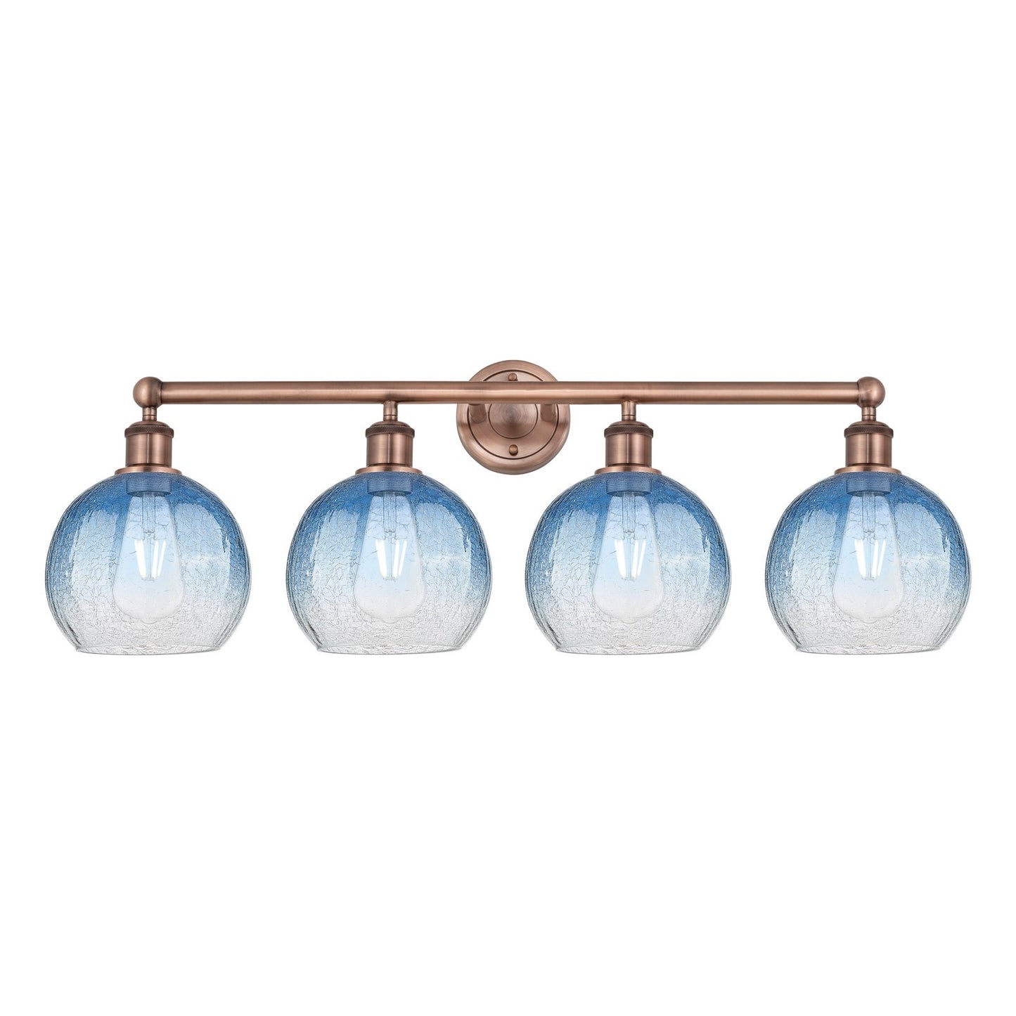 Innovations Brookhaven Globe 35in 4-Light Bath Vanity Light | Industrial Antique Copper and Sapphire Blue Glass | Bathroom | Model 616-4W-AC-G483-8SB